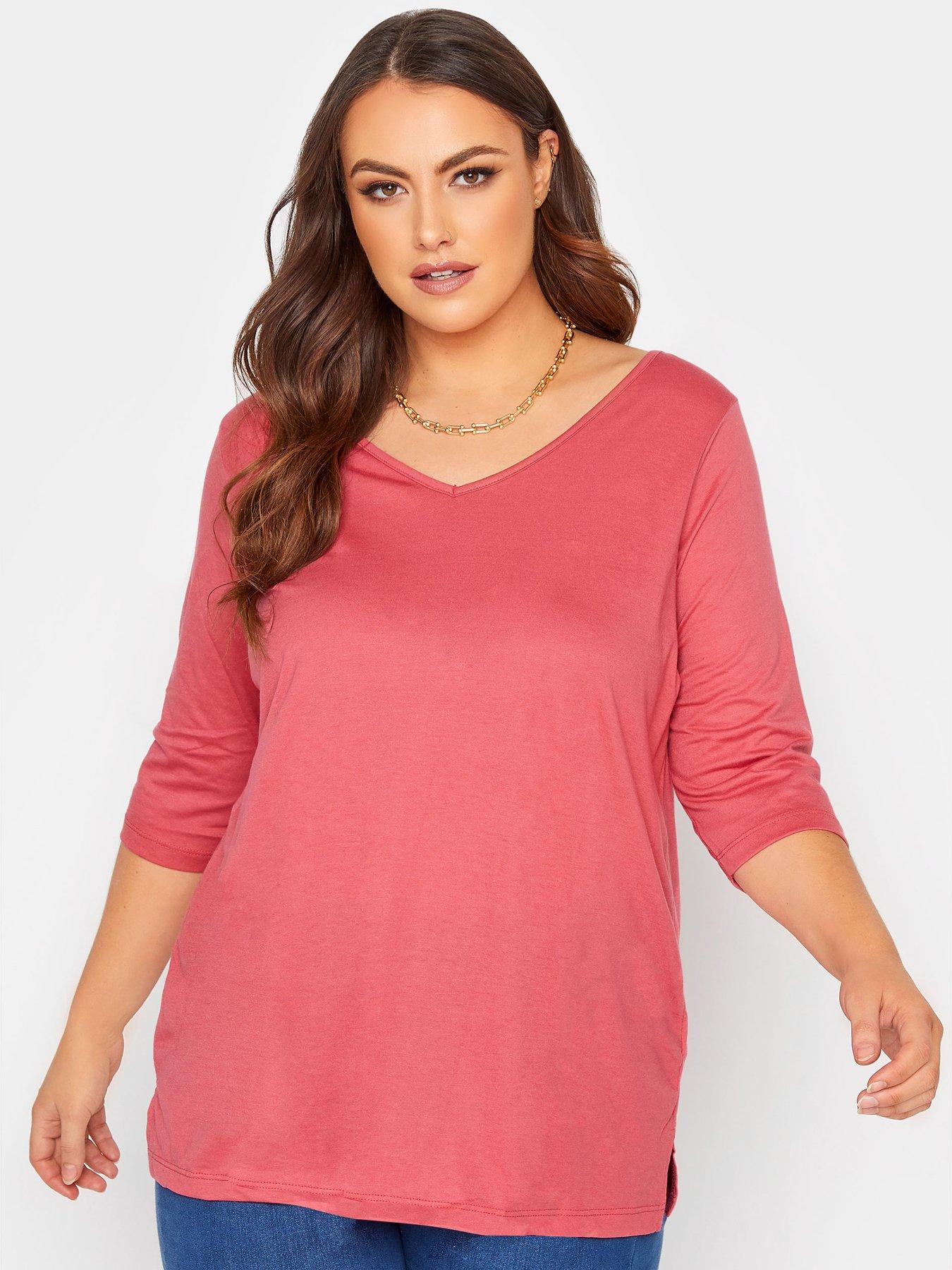 New Size 14-24 Black Short Sleeve T shirt Top Pink Coral Rose Print Ladies 